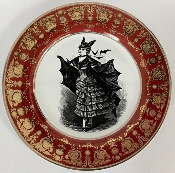 Red Gold Victorian Bat Lady Plate, 2 sizes and Cup/Saucer Available. Vintage Halloween Costume Plate