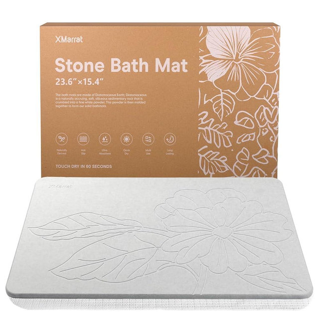 XMarrat Stone Bath Mat Large, 23.6'' x 15.4'' Diatomaceous Earth Non-Slip Stone Shower Mat, Super Absorbent Diatomite Stone Mats for Bathroom, Quick Drying, Easy to Clean (Light Gray)