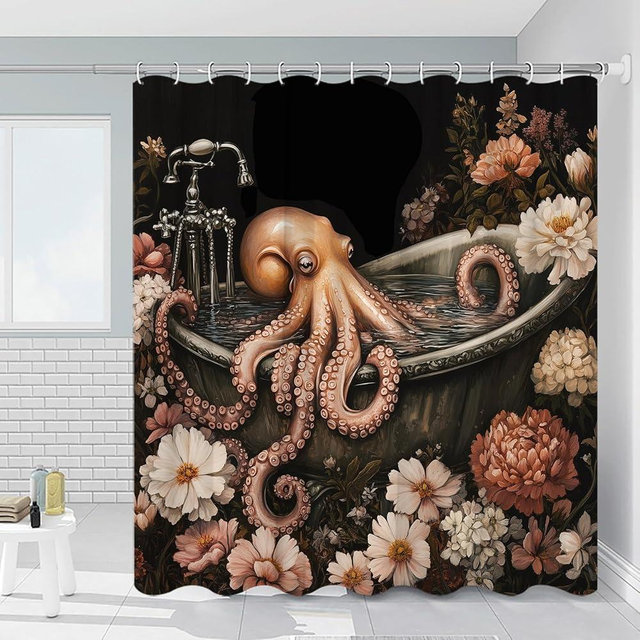 RDRUVA Octopus Shower Curtain Abstract Peony Art Floral Bathtub Watercolour Black Background Animal Bathroom Decoration Polyester Waterproof Machine Washable with Hooks