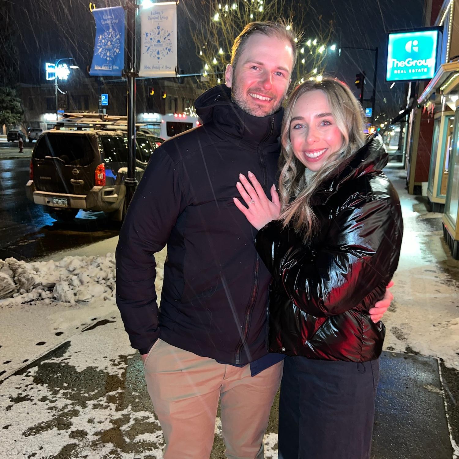 A snowy celebratory dinner in downtown Steamboat to celebrate our engagement!