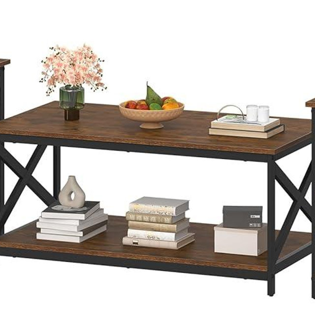 Bigbiglife Living Room Coffee Table Set of 3, Industrial X-Design Coffee Table and 2 End Side Tables, 3 Piece Living Room Table Set with Large Storage for Apartment Home (Dark Rustic Brown)