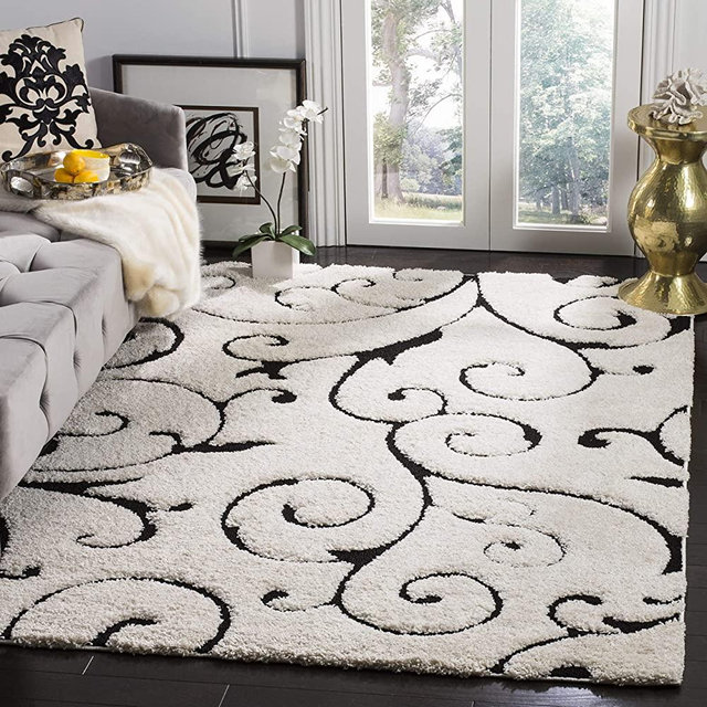SAFAVIEH Florida Shag Collection SG455 Scrolling Vine Graceful Swirl Textured Non-Shedding Living Room Bedroom Dining Room Entryway Plush 1.2-inch Thick Area Rug, 5'3" x 7'6", Ivory / Black