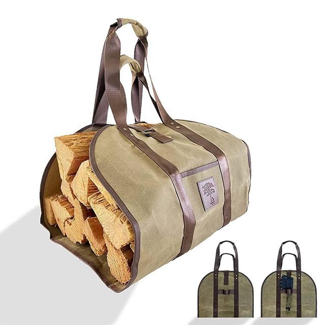 Dogwood Tuff Waxed Canvas Firewood Carrier Heavy Duty, Premium Firewood Holder, Firewood Storage Bag, Log Carrier Firewood Tote for Camping & BBQ Wood Stove Accessories Bag Fire Wood Carriers Axe Loop