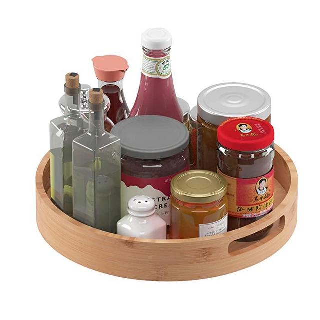 Homerays 13 Inch Lazy Susan Organizer, Kitchen Rotating Spice Rack, Bamboo Lazy Susan with Double Handles for Kitchen Cabinet (Bamboo, Large)