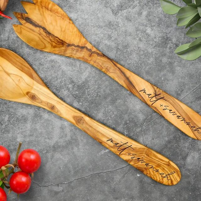 Personalized Custom Rustic Olive Wood Salad Server Set. Unique Engraved Rustic Salad Server Set. New Home - Anniversary - Wedding Gift