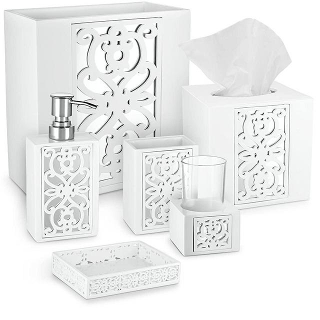 Mirror Janette Bathroom Accessories Set, 6 Piece Bath Set Collection Features Soap Dispenser, Toothbrush Holder, Tumbler, Soap Dish, Tissue Cover, Wastebasket White