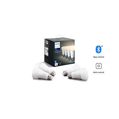 Philips Hue White 4-Pack A19 LED Smart Bulb, Bluetooth & Zigbee compatible (Hue Hub Optional), Works with Alexa & Google Assistant – A Certified for Humans Device