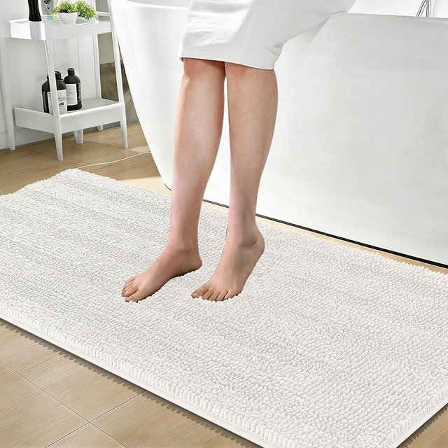 OLANLY Thick Bathroom Runner Rugs 59x24, Absorbent Chenille Striped Bath Rugs, Rubber Backing, Machine Wash Dry, Extra Long Bath Mats for Bathroom Floor, Tub and Shower, Home Decor Accessories, Ivory