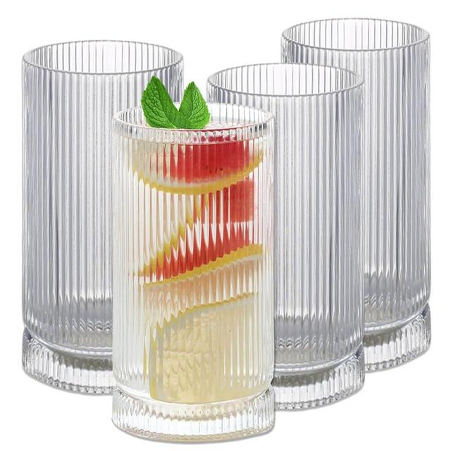 WeirdUncle Vintage Ribbed Glassware Set, 16oz Drinking Glasses, Origami Style Set of 4, Fluted Design, Ideal for Water, Iced Coffee, Juice, Beer, Milk, Whiskey, Cocktail