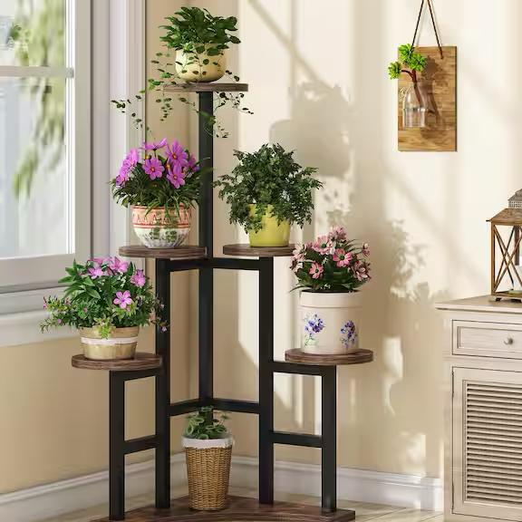 Wellston 43.7 in. Rustic Brown Round Wood Corner Plant Stand Indoor, 6 Tier Plant Shelf Flower Stand Tall Potted Plant