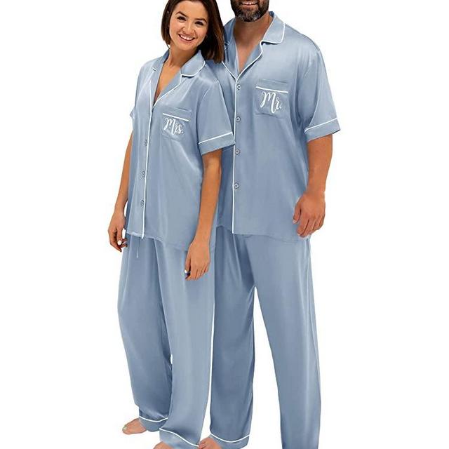 AW BRIDAL Matching Pajamas for Couples, 4 Piece Silk Pajamas Short Sleeve Button Down Pjs Sets Mr Mrs Pajamas, S-XL