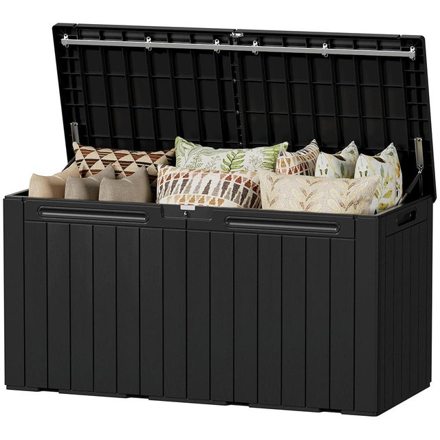 Devoko 100 Gallon Outdoor Storage Box, Waterproof Resin Deck Box for Patio Furniture, Lockable Container for Garden Cushions & Pool Supplies (Black, 100 Gallon)