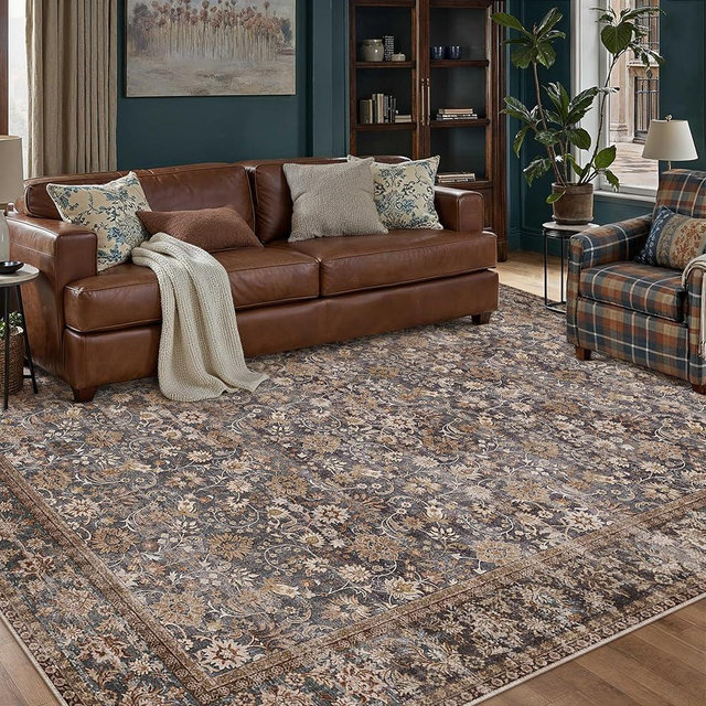 HUGEAR 6x9 Machine Washable Rugs Tradition Brown Hallway Large Area Rug Indoor Accent Rug Floral Low Pile Carpet Soft Throw Aesthetic Rug Bedroom Living Room Office Dining Room Kitchen Laundry Room