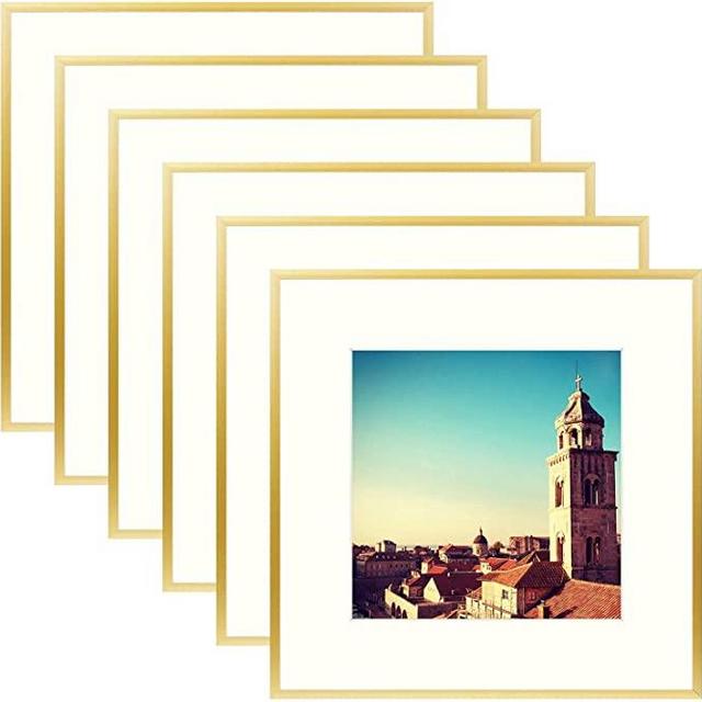Golden State Art, Gold Aluminum Metal Wall Photo Frame Collection with Ivory Color Mat for Picture & Real Glass (12x12 Frame, 6-Pack)