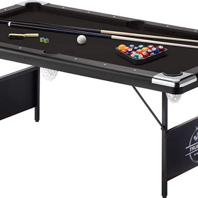 Fat Cat by GLD Products Fat Cat Trueshot 6’ Pool Table with Folding Legs for Easy Storage, Included Pool Cues and Billiard Ball, and Deep Black Playing Cloth