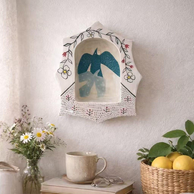 Hand-Painted Ceramic Candle Holder with Birds | Wall Mounted Tealight Holder | Folk Art Home Decor