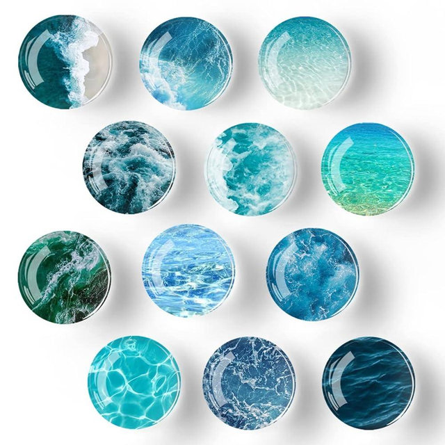 Bamsod 12 PCS Glass Strong Refrigerator Magnets, Ocean Pattern Series Magnets Whiteboard Magnets Glass Fridge Magnets for Office Cabinets Round Fridge Stickers Home Kitchen Decor