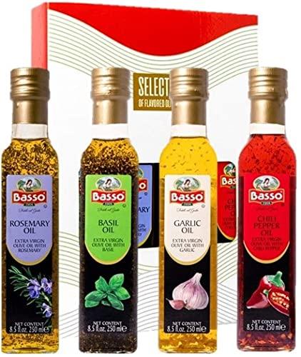 Basso, Garlic, Rosemary, Basil, Chili Pepper, Gift Box included, Naturally Infused Flavored Extra Virgin Olive Oil for Dipping & Tasting, 4 pack Gift Set, All Natural, Great Corporate Gift, 4 bottles x 8.5 fl.oz (250ml)