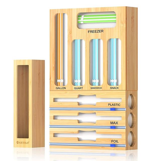 Plastic Wrap Dispenser with Cutter, 9 IN 1 Bamboo Foil and Plastic Wrap Organizer for Kitchen Drawer, Ziplock Bag Storage Organizer, Compatible with Gallon, Quart, Sandwich and Snack Variety Size Bag