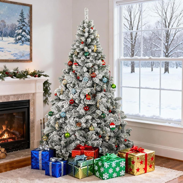 Sylritha 6FT Snow Flocked Artificial Christmas Tree with 1100 Branch Tips, Premium Christmas Tree with Auto-Hinged & Metal Stand, Snow Flocked Full Xmas Tree, White