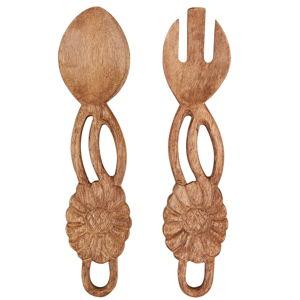 Mud Pie Carved Flower Salad Servers, 11", BROWN