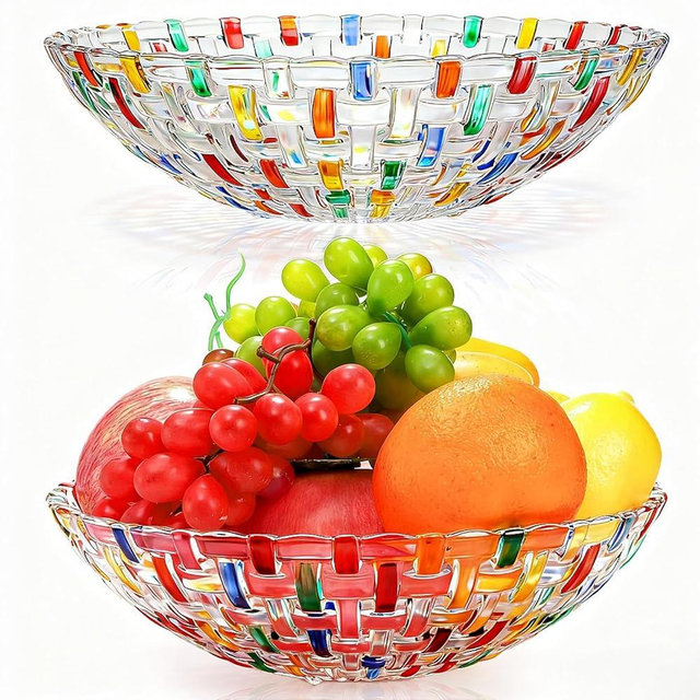 Tlence 2 Pack Colorful Crystal Glass Fruit Bowls, 10" Hand Painted Woven Art Glass Bowl, Decorative Large Plate to Display Salad Dessert Cake Candy Snack for Home Office Wedding Centerpiece Decor