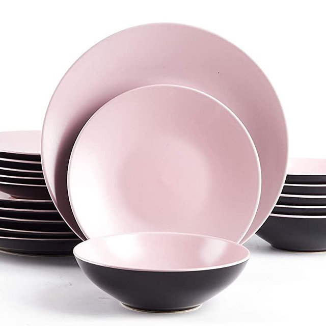 HomeVss Stoneware Two-Tone Colors Life 18pc Dinner Set，Outside Shiny Black + Inside Matte Glaze Rose