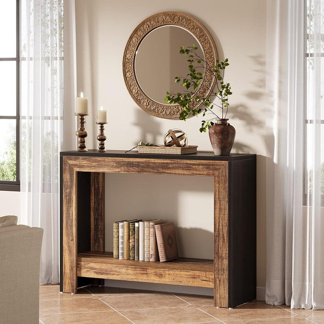 Tribesigns 41.3" Farmhouse Console Table, Behind Couch Sofa Table with Open Storage Shelves for Living Room, Hallway, Foyer, Easy Assembly, Black + Brown