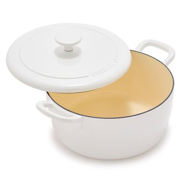 GreenPan x Bobby Flay 5.5QT Enameled Cast Iron Round Dutch Oven with Lid, Dual Handles, Oven Safe to 500F & Induction Suitable, Self Basting Lid, Ultra-Durable, Sear, Braising, Bread, Stews, Ivory