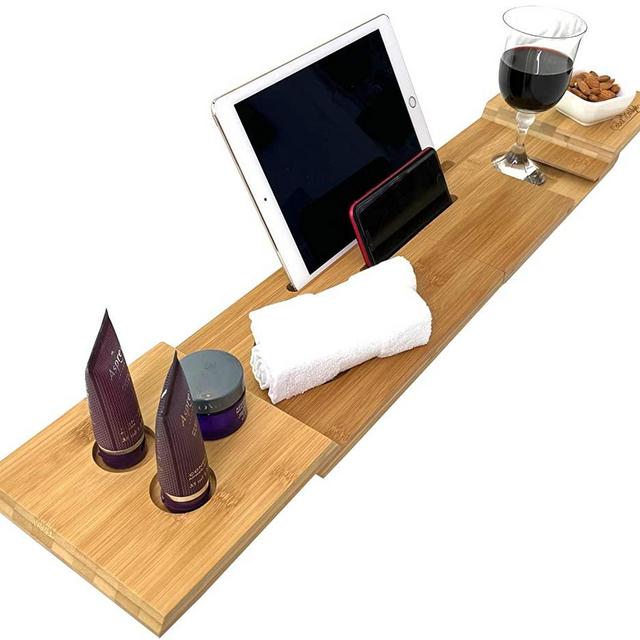 Cabot & Carlyle Luxury Bath Caddy Tray for Tub | Bath Table | Premium Bamboo Bathtub Tray for Tub | Fits All Bath Accessories Wine Glass, Books, Tablets, Cellphones, Shampoo | Bath Shelf Foldable.