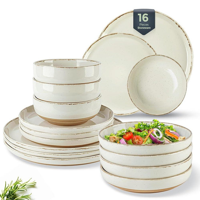 AmorArc 16 Pieces Ceramic Dinnerware Sets for 4, Handpainted Plates and Bowls Set with Rustic Terracotta Underside, Scratch Resistant Stoneware Dishes Set, Dishwasher & Microwave Safe, Light Beige