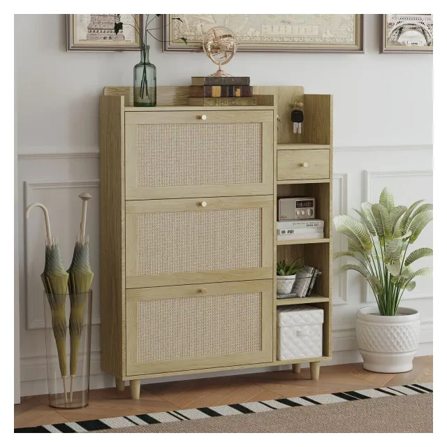 KTMBDW Shoe Storage Cabinet with 3 Rattan Flip Drawers, Freestanding Organizer with Wood Legs for Entryway, Narrow Shoe Rack Cabinet, Natural