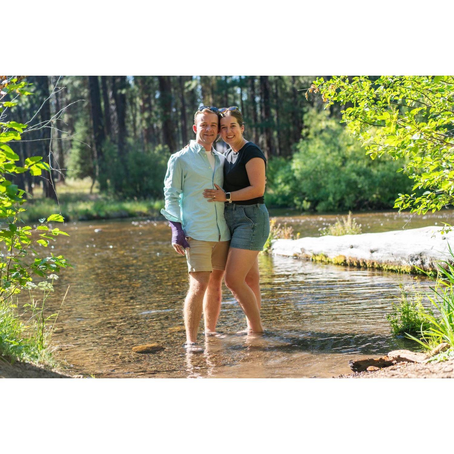 Jack proposed at the Headwaters of the Metolius River. A broken arm didn't stop him from carrying out a very thoughtful plan that concluded with him kneeling in the river.