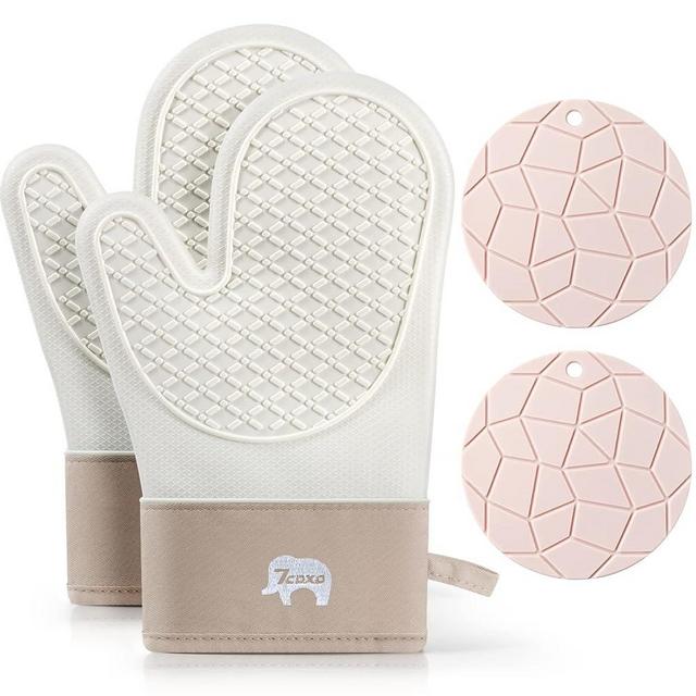 Oven Mitts, Heat Resistant Silicone Oven Mitt with Soft Cotton Lining 2 Pack Oven Mitts and Pot Holders Sets Perfect for BBQ, Baking and Cooking