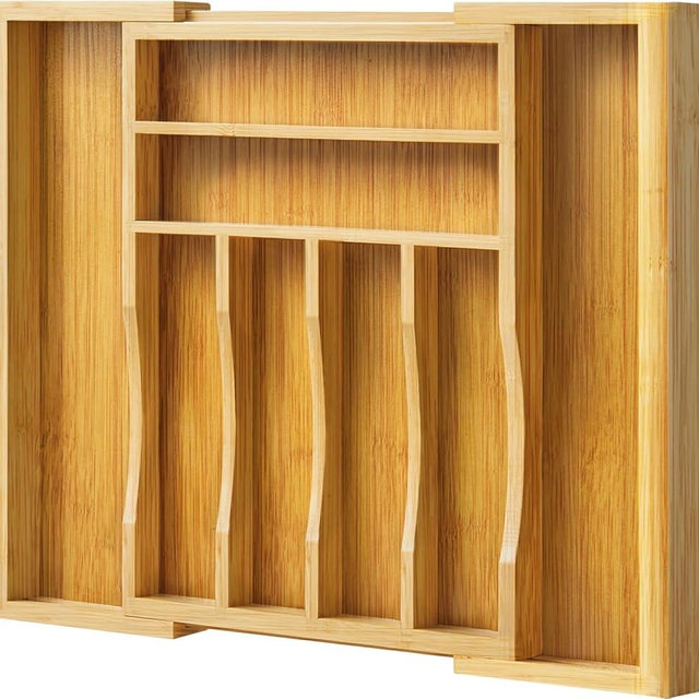 ACIPENSER Bamboo Kitchen Drawer Organizer, Expandable Cutlery Tray Utensil Organizer with Grooved Silverware Drawer for Flatware Silverware in Kitchen 8 Slot, Natural, 11.6"-18.9"W, 14.96"H, 1.97"D