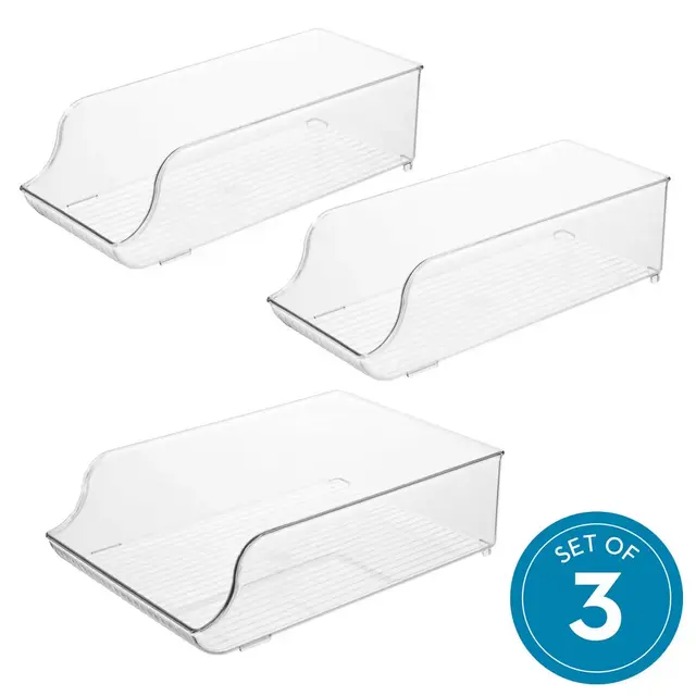 iDESIGN Linus Recycled Plastic Beverage Bin Set: Clear Drink Organizer for Refrigerator & Pantry Storage, 3-Piece