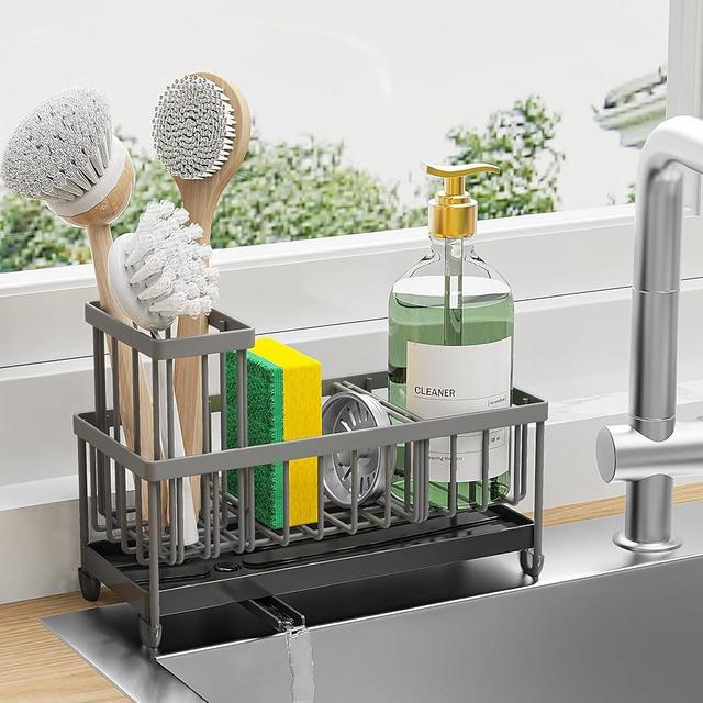 Cisily Light Gray Sponge Holder for Kitchen Sink, Sink Caddy Organizer with High Brush Holder, Kitchen Countertop Organizers and Storage Essentials, Rustproof 304 Stainless Steel, Soap Dispenser