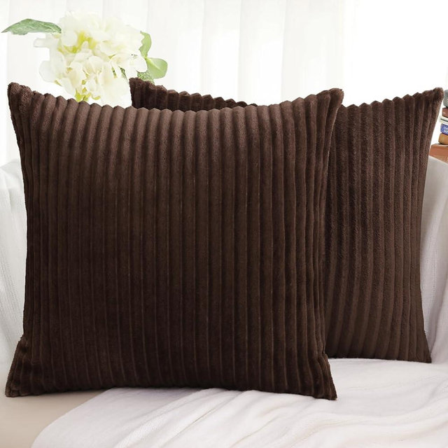 Simmore Decorative Throw Pillow Covers 18x18 Set of 2, Soft Plush Flannel Double-Sided Fluffy Couch Pillow Covers for Sofa Living Room Home Decor, Brown