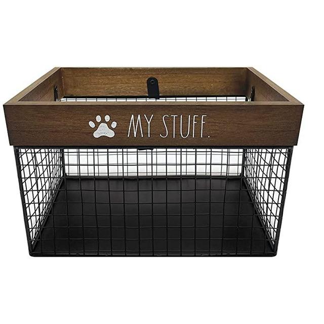 Rae Dunn Pet Toy Basket – Metal and Wood Dog Toy Storage Basket - Cat and Dog Toy Bin Storage Organizer for Puppy Leash, Blanket, Treats, Food, Accessories - Container Baskets for Dogs - Dark Wood