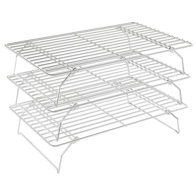 3 Tier Stackable Cooling Rack for Batch Cooling Cookie, Pizza, Cake-15.8”x 10”- Heavy Duty Cooling Racks for Cooking and Baking, Oven and Dishwasher Safe Baking Supplies-Silver