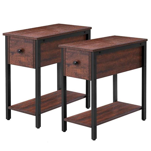 HOOBRO Set of 2 Narrow End Table, 2-Tier Nightstand with Drawer and Shelf, Side Table for Small Spaces, Stable and Sturdy, Wood Look Accent Table in Bedroom, Walnut Color and Black BY04BZP201