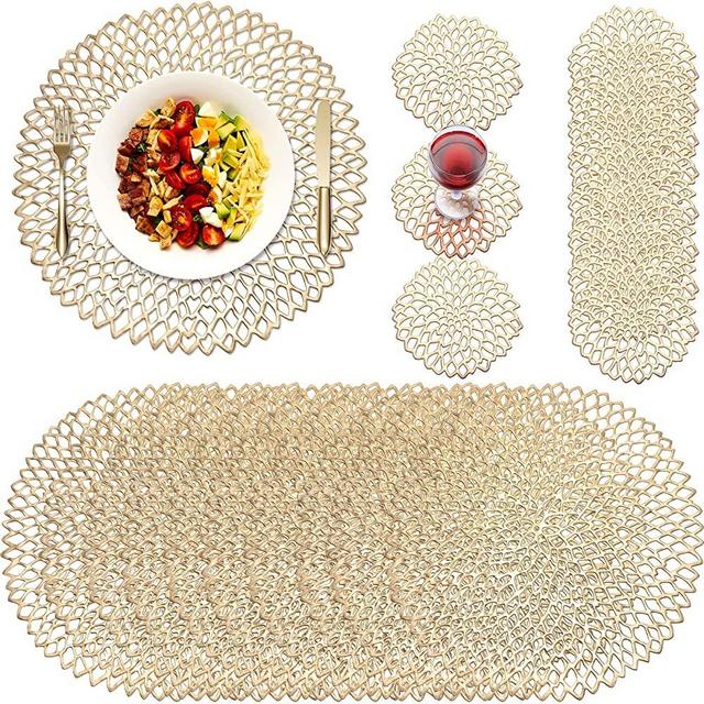 24 Pcs Gold Round Pressed Vinyl Placemats Metallic Placemats Coasters Set Including 12 Placemats and 12 Coasters Hollow Round Table Mats for Wedding Dinner Party Table Supplies