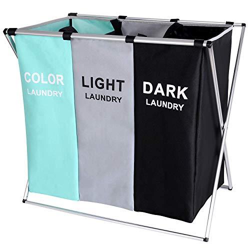 BRIGHTSHOW 135L Laundry Cloth Hamper Sorter Basket Bin Foldable 3 Sections with Aluminum Frame 62cm × 37cm x 58cm Washing Storage Dirty Clothes Bag for Bathroom Bedroom Home (Green+Grey+Black)