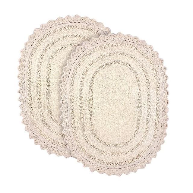 RAJRANG BRINGING RAJASTHAN TO YOU Pearled Ivory Bathroom Rug Oval 24x17 Inches Pack of 2 Cotton Crochet Reversible Boho Bath Mat  for Bathroom Décor