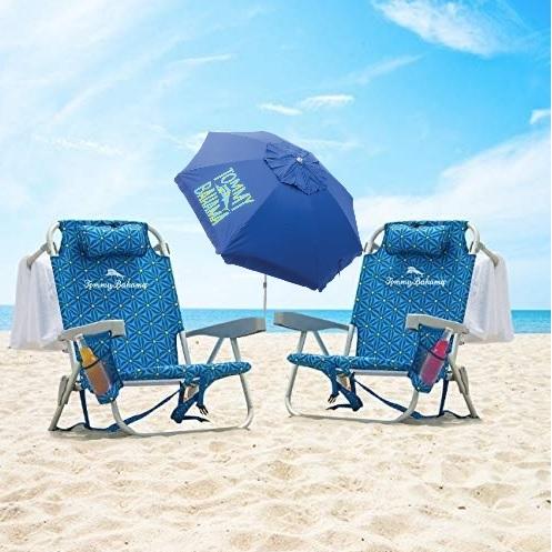 2 Tommy Bahama 5 Position Blue Beach Chairs with 8 ft Umbrella