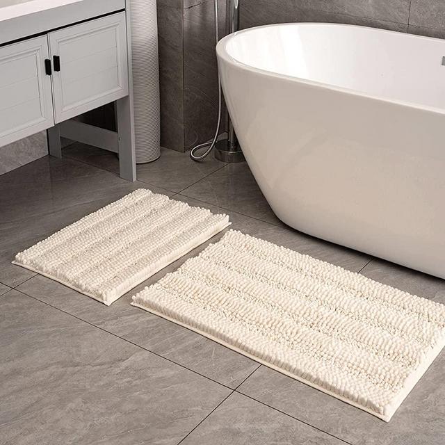Feivea Bathroom Rug Sets 2 Piece Extra Thick Chenille Mats Fluffy Soft Absorbent Non Slip Washable Mats for Bathroom, Tub, Indoor 24×16+32×20, Cream
