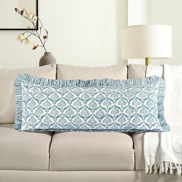 CPC Indigo Regal Hand Block Print 100% Cotton Ruffle Throw Pillow Cover 14x36 inch with Hidden Zipper Decorative for Couch, Bed, Sofa, Farmhouse, Cottagecore Decor Gift Christmas Fall Thanksgiving