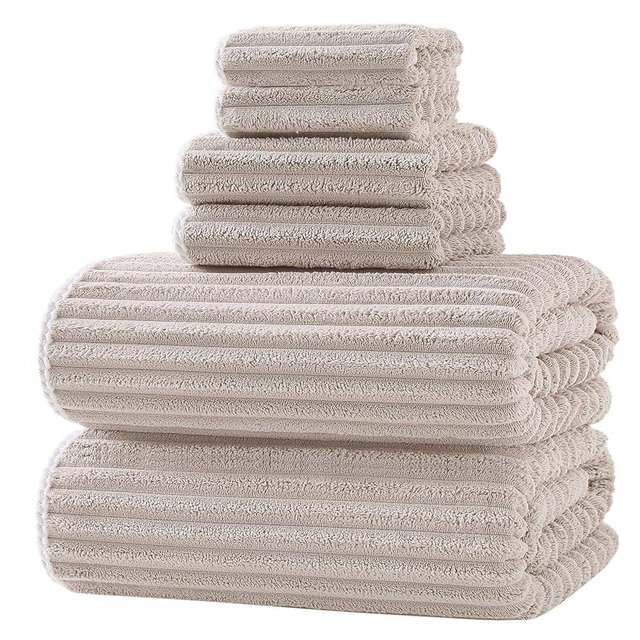 XIQ 39x79 Inches Extra Large Bath Sheets Towels for Adults Super Soft Luxury Ultra Absorbent Striped with Hanging Loop Microfiber Shower Towels 2 Hand Towels 2 Washcloth Towels(Beige, 6PCS)