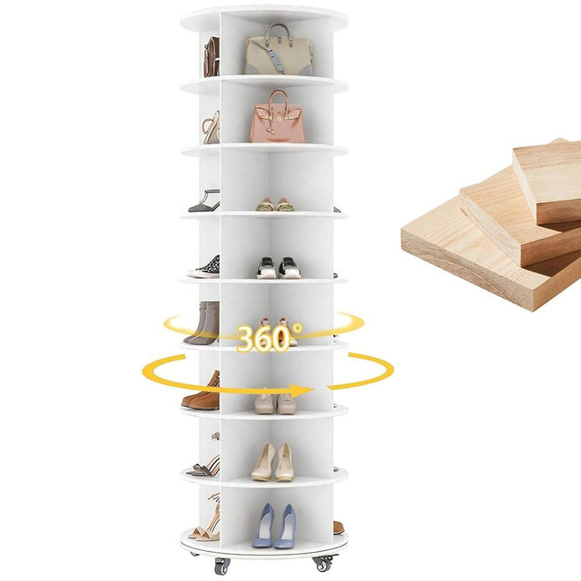 JFHID 8 Tier Rotating Shoe Rack, Shoe Tower Organizer with 4 Universal Casters, Spinning Lazy Susan Display Storage Rack Round Carousel Vertical Handbag Closet (White, 23.6’’×23.6’’×74’’)