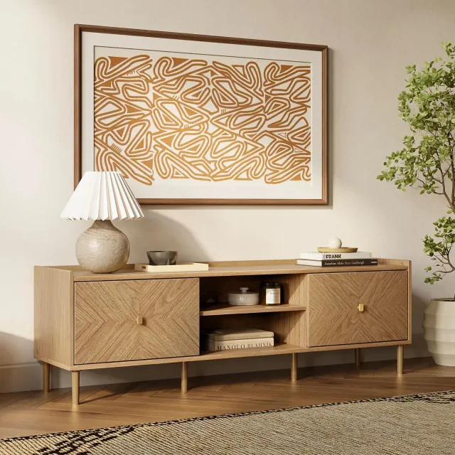LuxenHome 63" Modern TV Stand for TVs Up to 65", Oak Media Console with Cabinets, TV Stand for Living Room Brown
